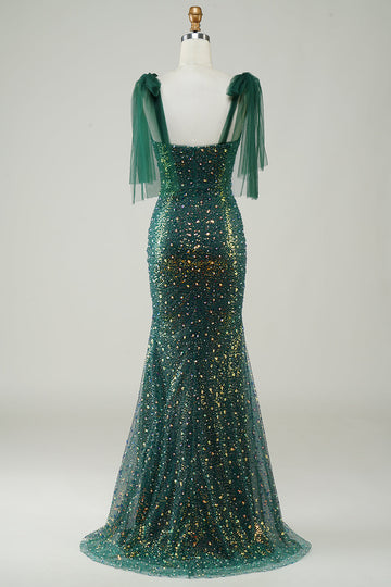 Sparkly Dark Green Mermaid Sequin Long Prom Dress med Slit